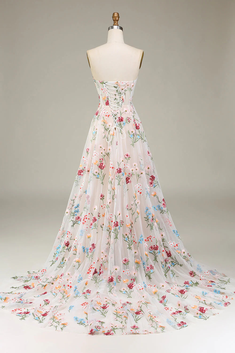 Nude Tulle Floral Embroidery Strapless Lace-Up Back A-Line Evening Dresses