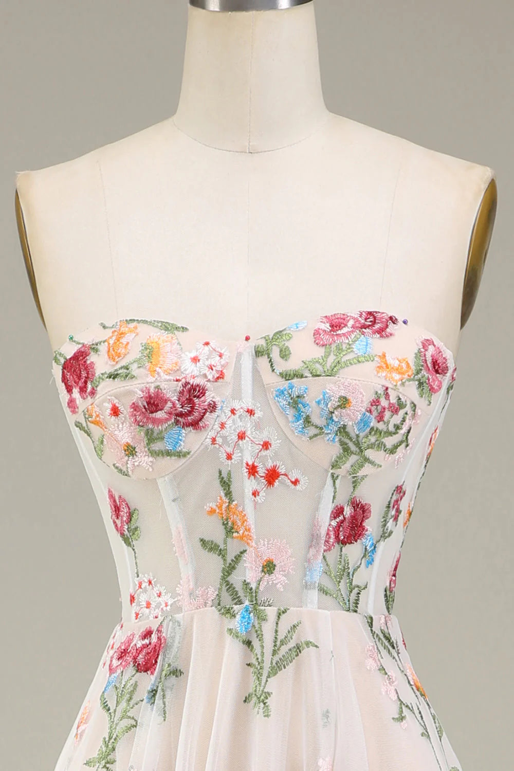 Nude Tulle Floral Embroidery Strapless Lace-Up Back A-Line Evening Dresses