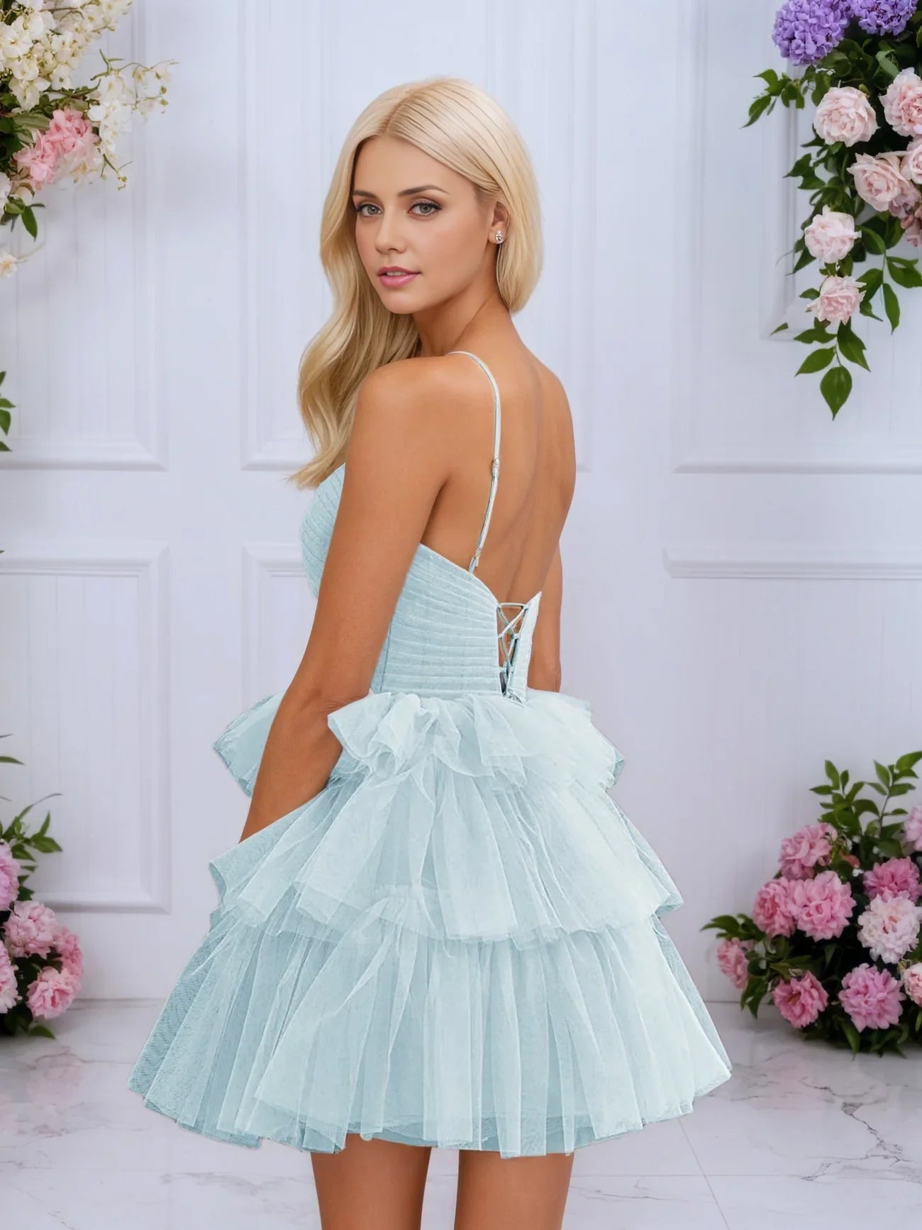 OKBBN A-line off shoulder sleeveless sheer multi-layer Homecoming Dresses
