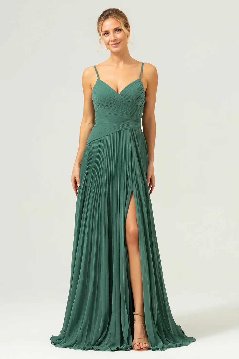 OKBBN A-line thin shoulder strap pleated long slit slim Bridesmaid Dresses