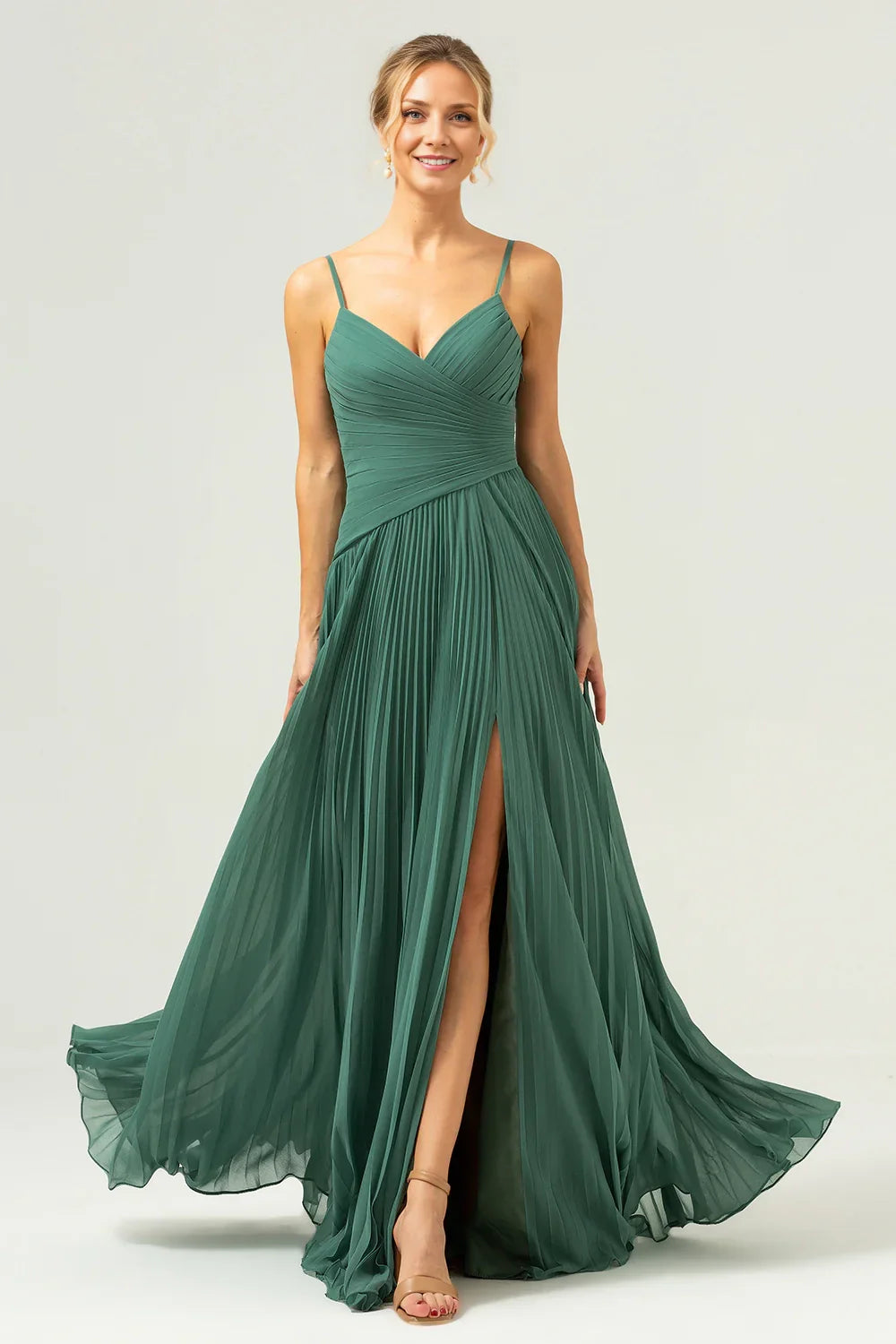 OKBBN A-line thin shoulder strap pleated long slit slim Bridesmaid Dresses