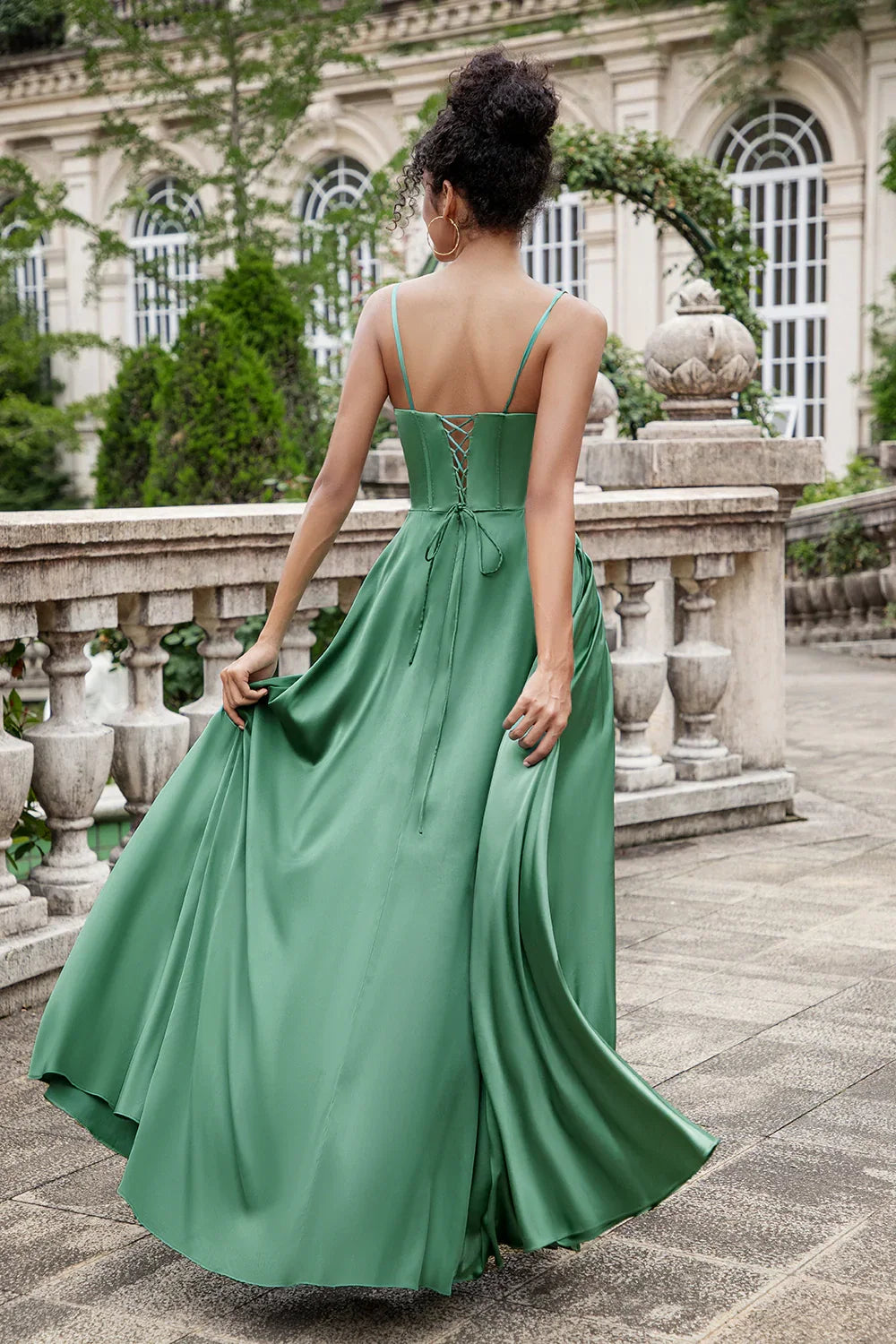 OKBBN Elegant A-line Lace Back Waist Ruffle Satin Bridesmaid Dresses
