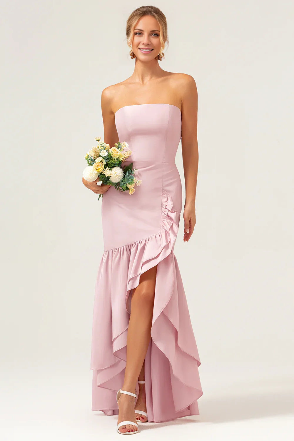 OKBBN Elegant Mermaid Off Shoulder Asymmetric Ruffle Edge Split Bridesmaid Dresses