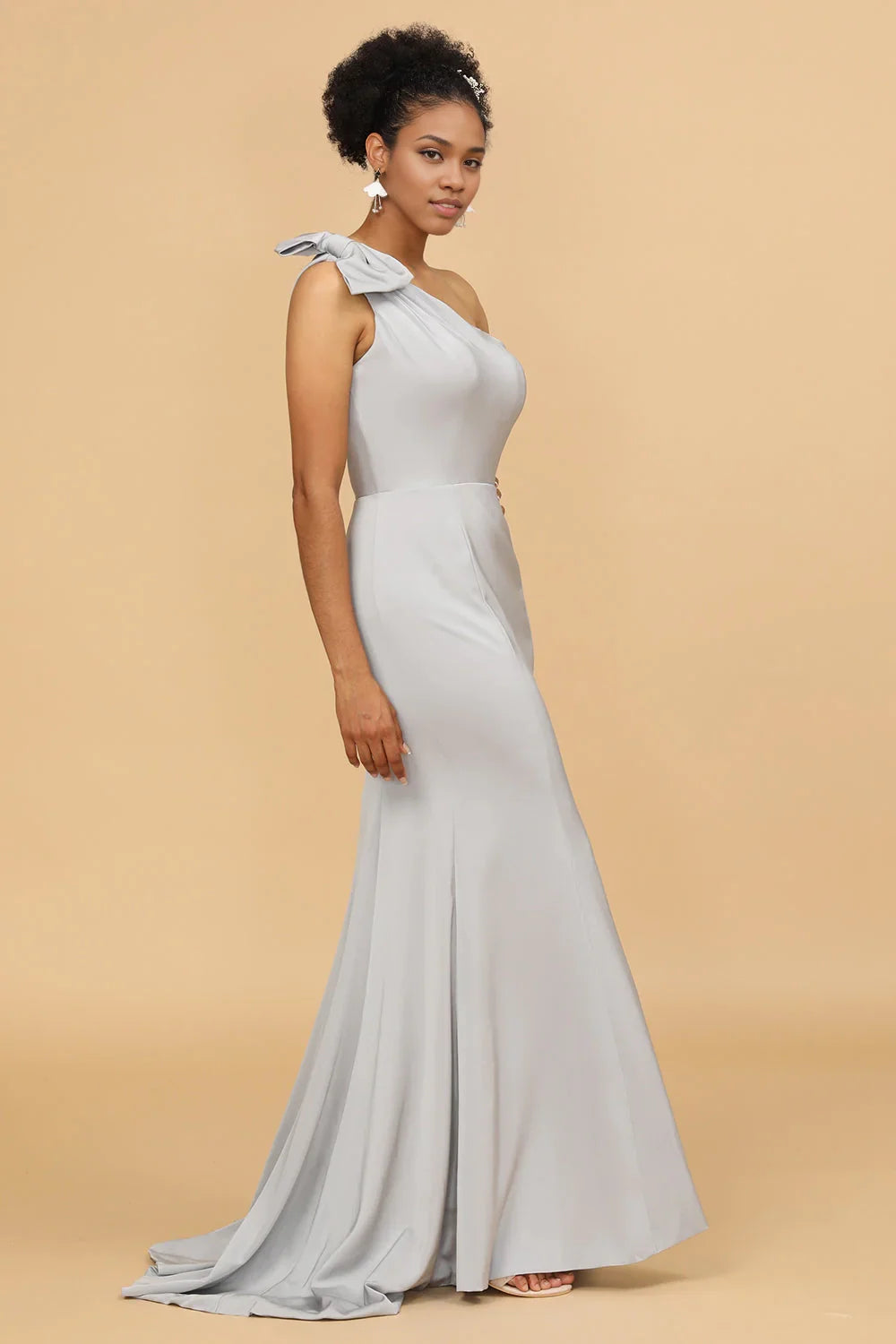 OKBBN Elegant Mermaid One Shoulder Satin Bow Bridesmaid Dresses