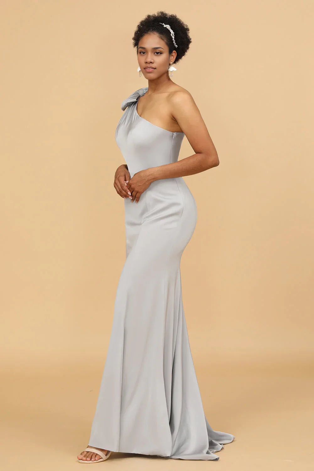 OKBBN Elegant Mermaid One Shoulder Satin Bow Bridesmaid Dresses