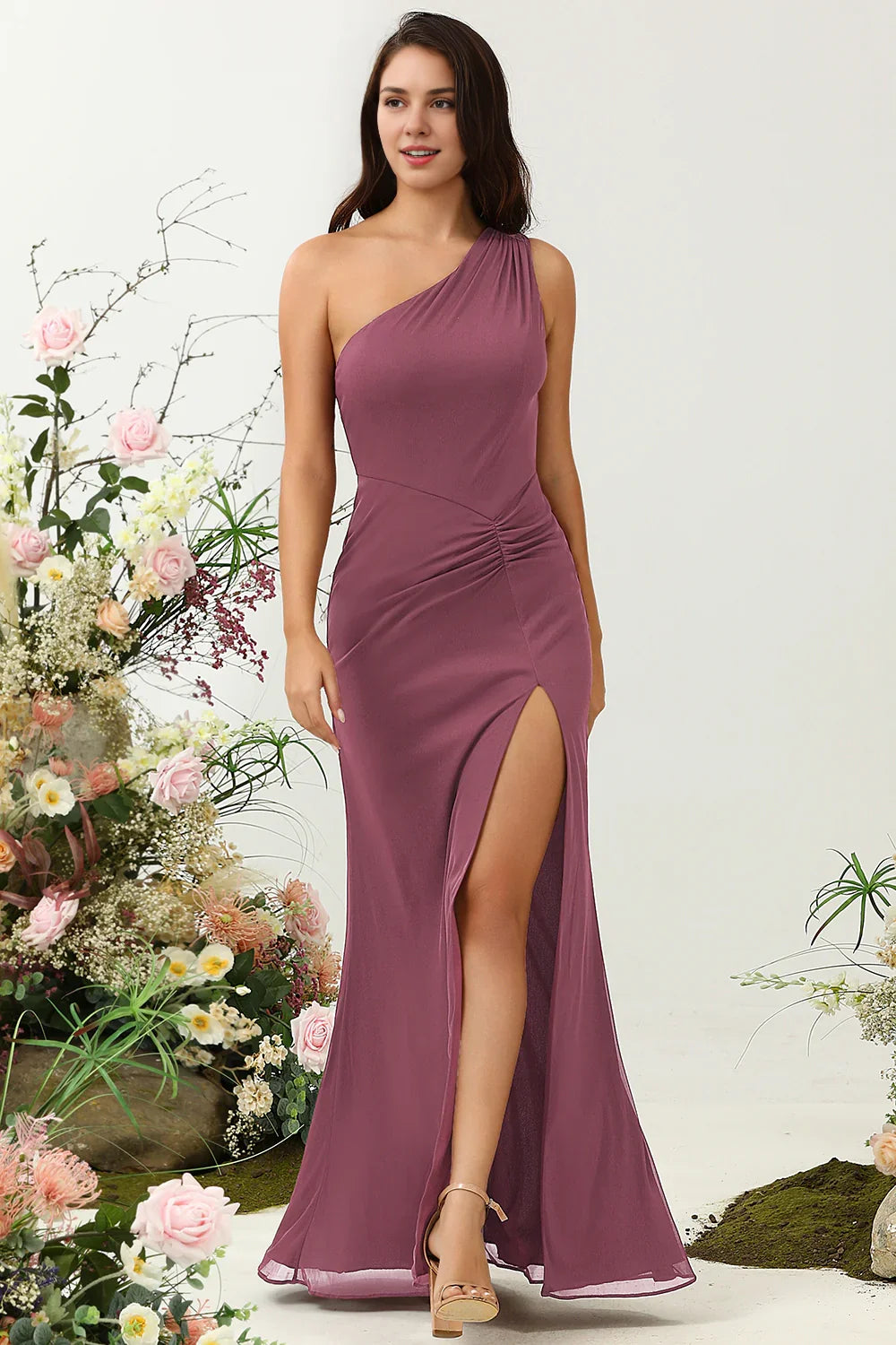 OKBBN Elegant Mermaid One Shoulder Split Long Bridesmaid Dresses