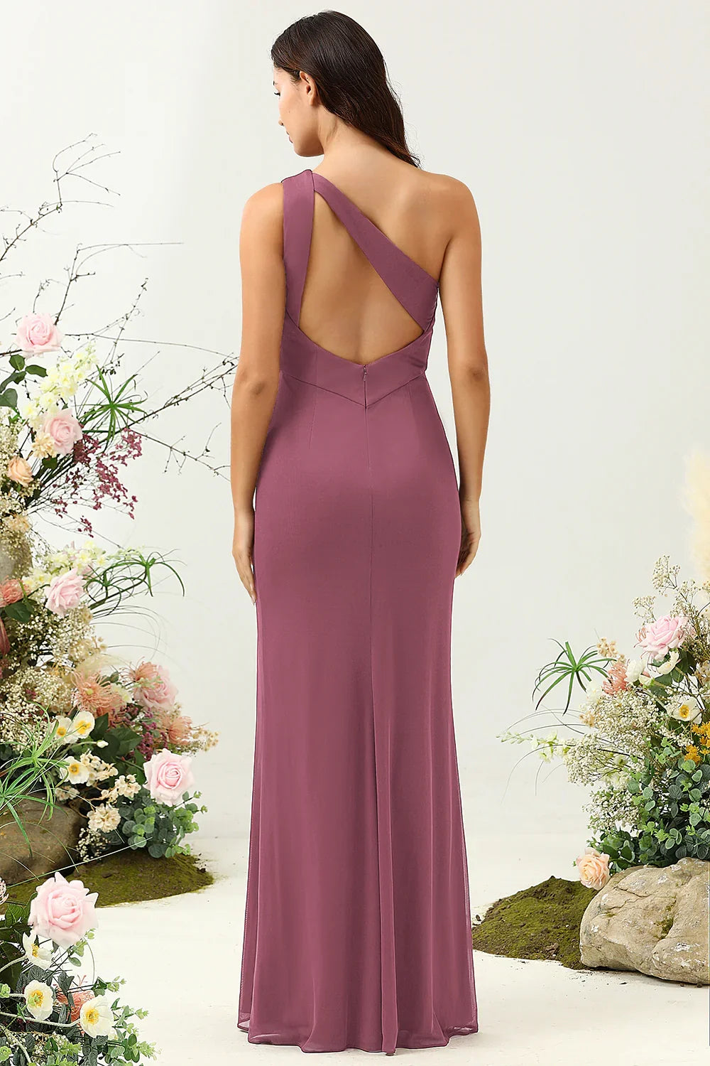 OKBBN Elegant Mermaid One Shoulder Split Long Bridesmaid Dresses