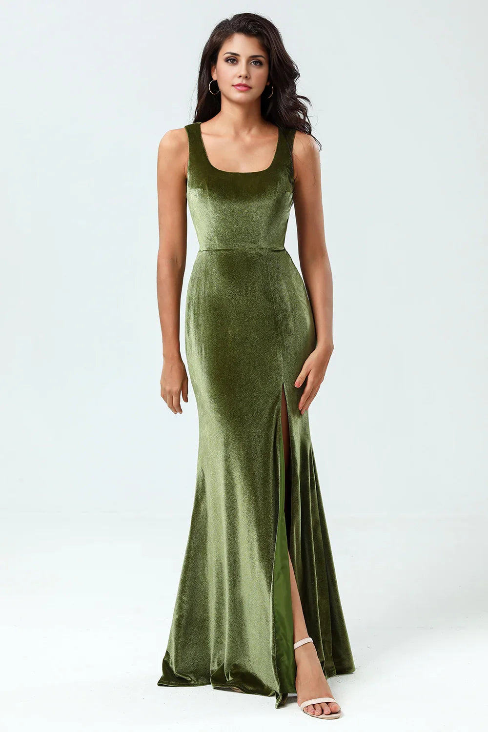 OKBBN Elegant Mermaid Square Collar with Velvet Floor Openings Bridesmaid Dresses