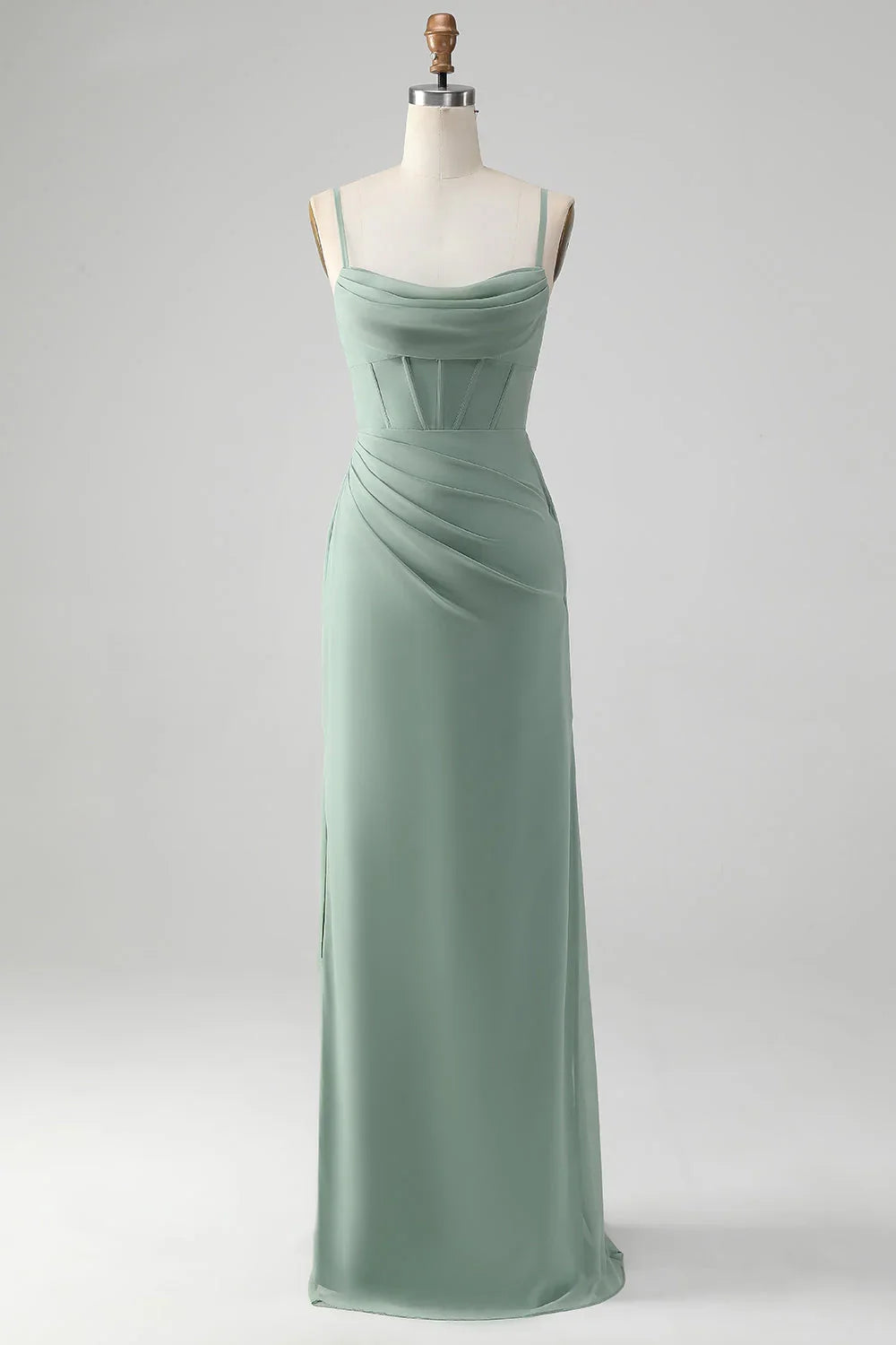 OKBBN Elegant Mermaid Thin Shoulder Strap Waist Long Split Bridesmaid Dresses