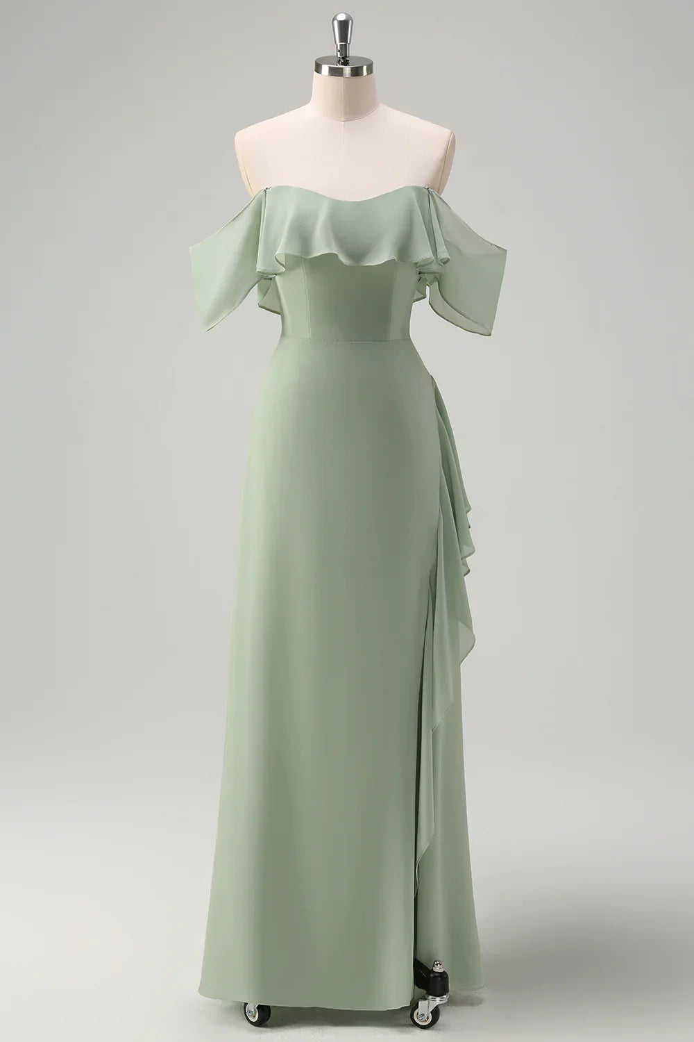 OKBBN Elegant Off Shoulder Chiffon Long Ruffle Split Bridesmaid Dresses