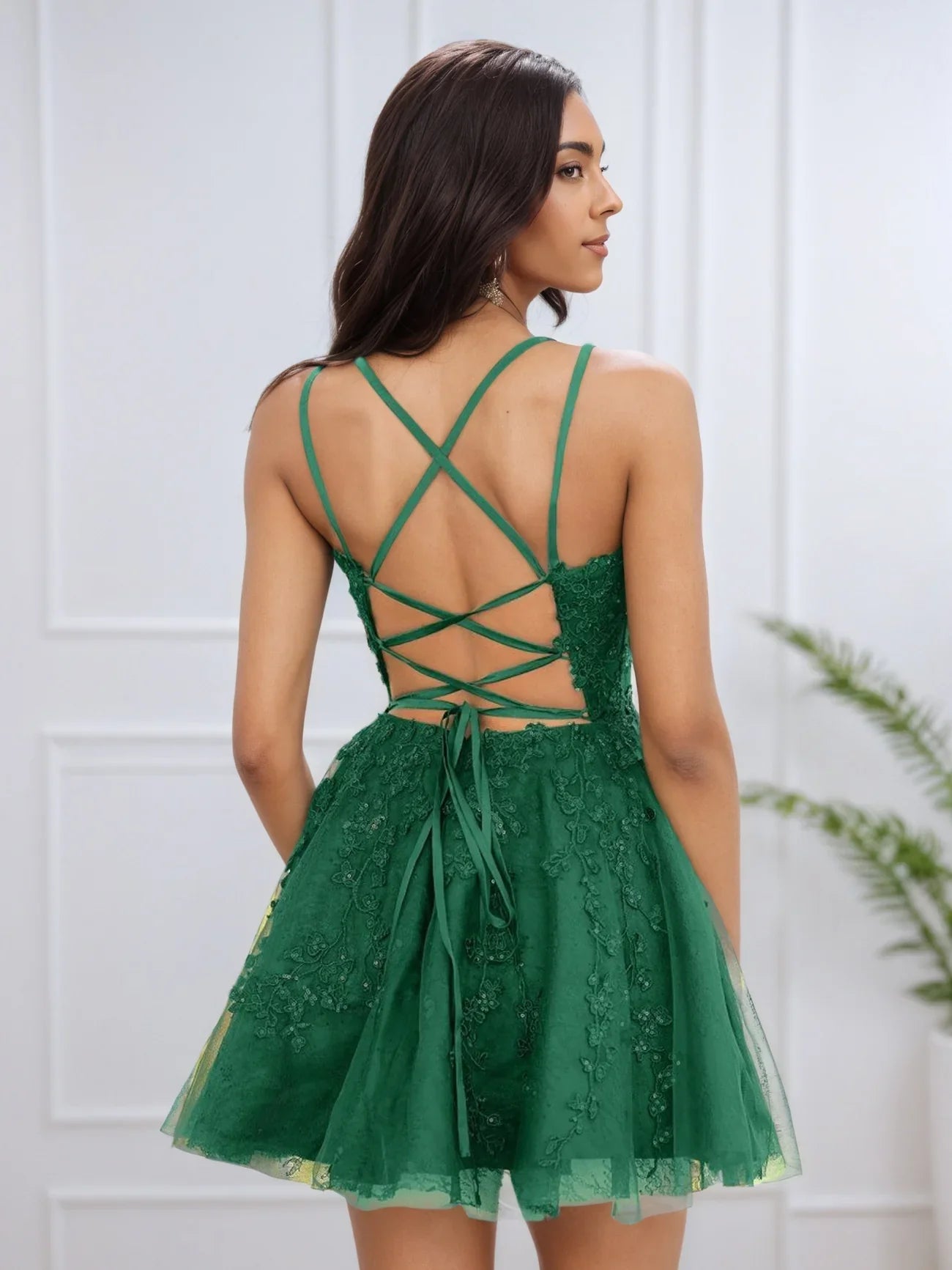 OKBBN Elegant V-neck sequined thin shoulder strap A-line Homecoming Dresses