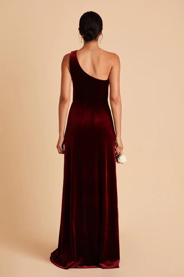 OKBBN Noble and Elegant Velvet One Shoulder Collar Tight corset with Front Openings Prom Dresses
