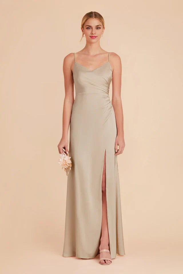 OKBBN V-neck matte satin dress with asymmetrical pleats Prom Dresses
