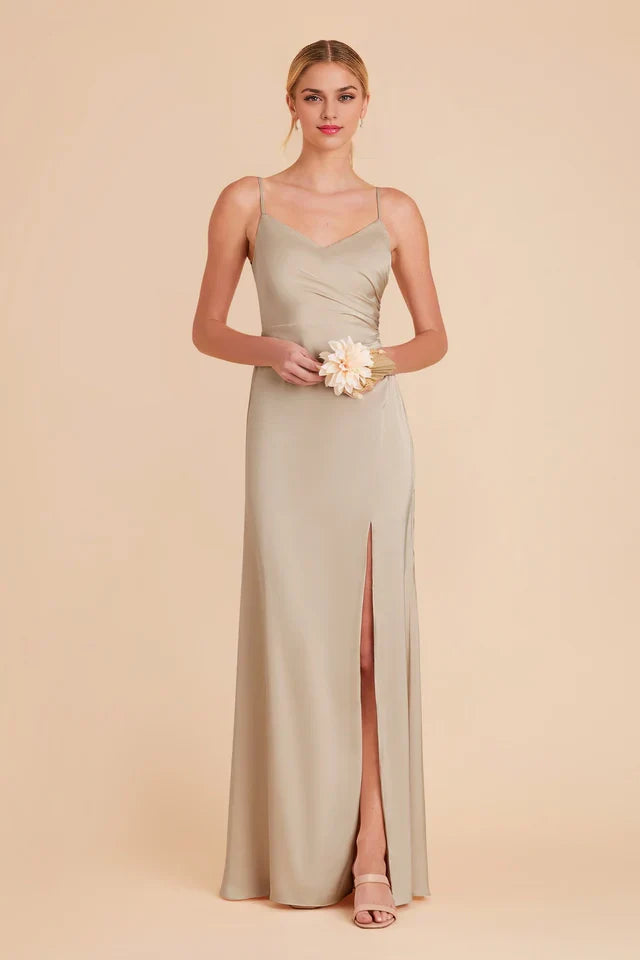 OKBBN V-neck matte satin dress with asymmetrical pleats Prom Dresses