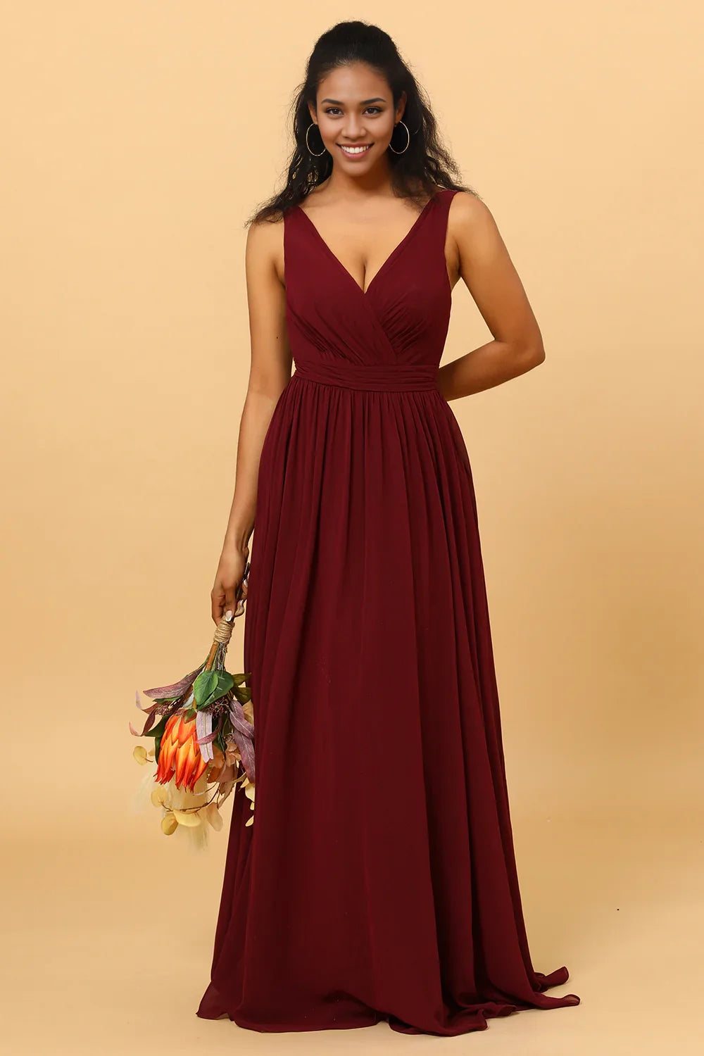 OKBBN's charming A-line V-neck pleated and ground length chiffon Bridesmaid Dresses