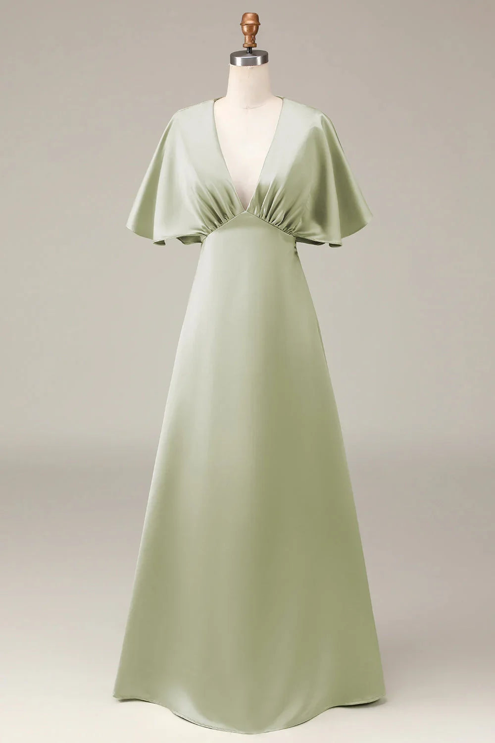 OKBBN's charming A-line V-neck satin short sleeved flowing Bridesmaid Dresses