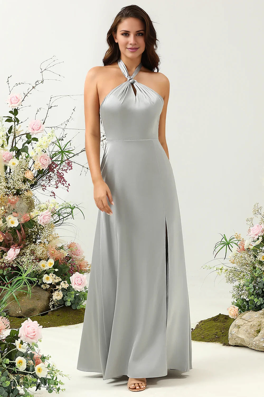 OKBBN's charming A-line backless shiny satin and floor slit Bridesmaid Dresses