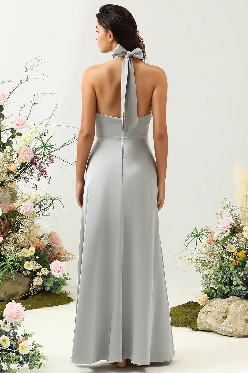 OKBBN's charming A-line backless shiny satin and floor slit Bridesmaid Dresses