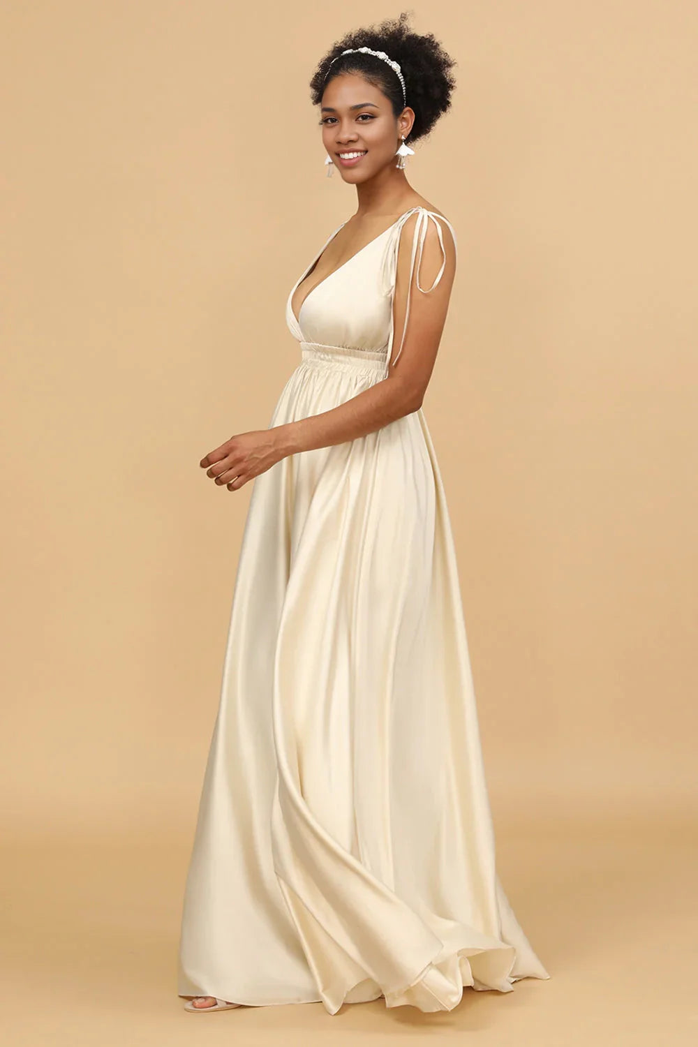 OKBBN's charming A-line deep V-neck backless long Bridesmaid Dresses
