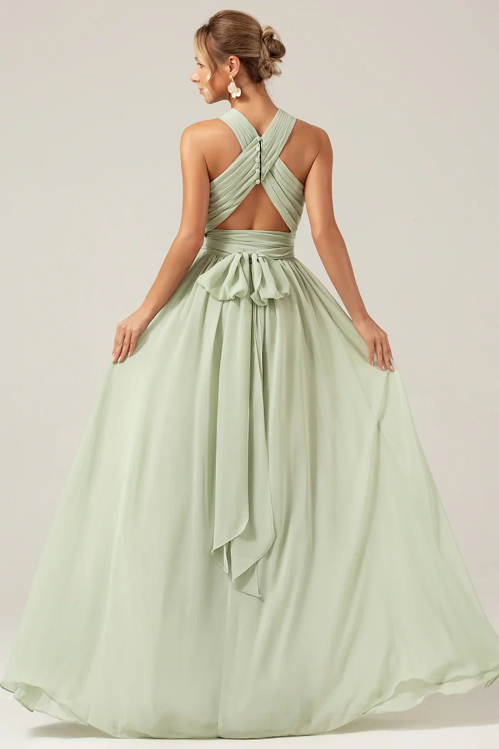 OKBBN's charming A-line hanging neck pleated long Bridesmaid Dresses