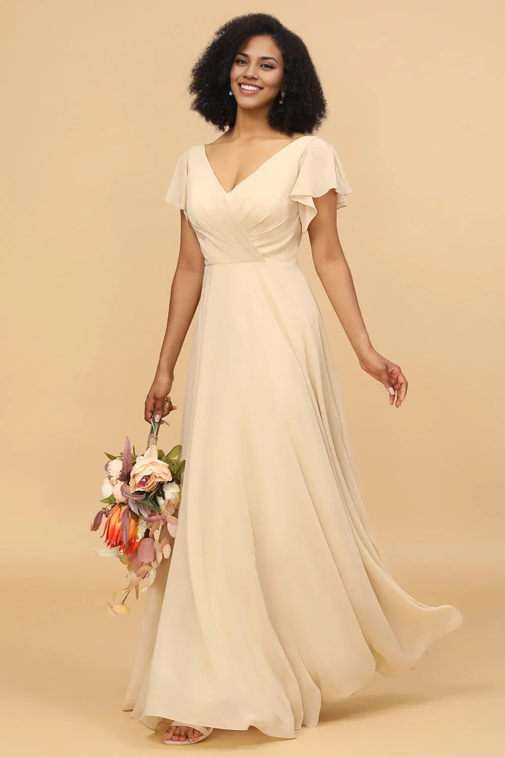OKBBN's charming A-line long chiffon short sleeved Bridesmaid Dresses