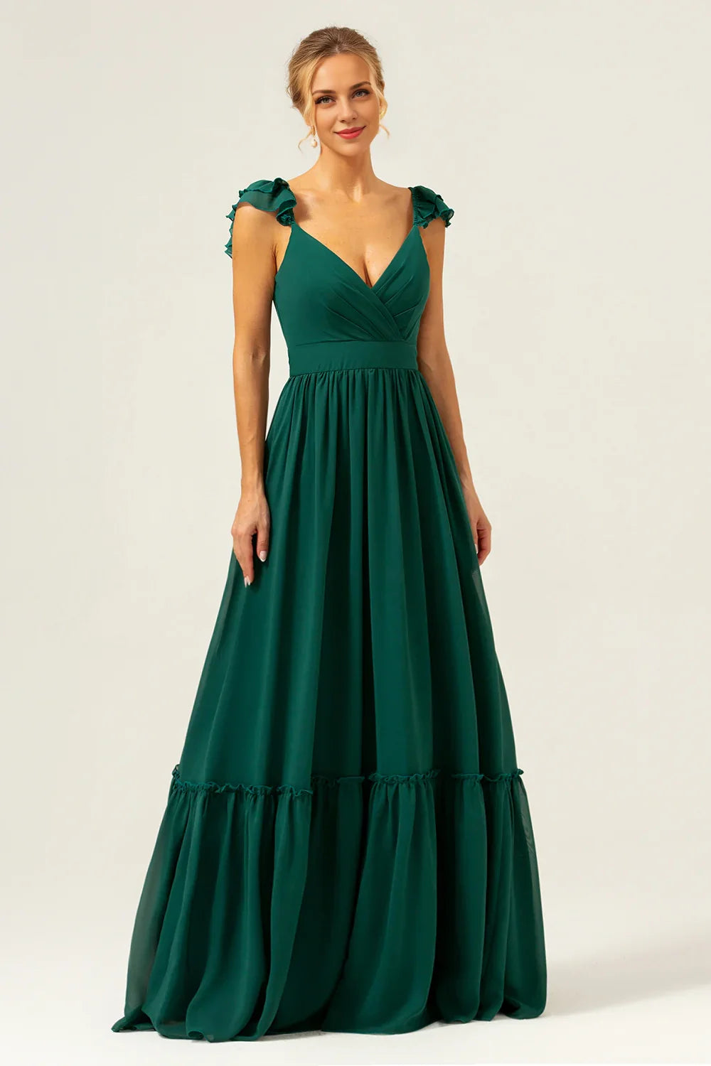 OKBBN's charming A-line off shoulder chiffon pleated long Bridesmaid Dresses