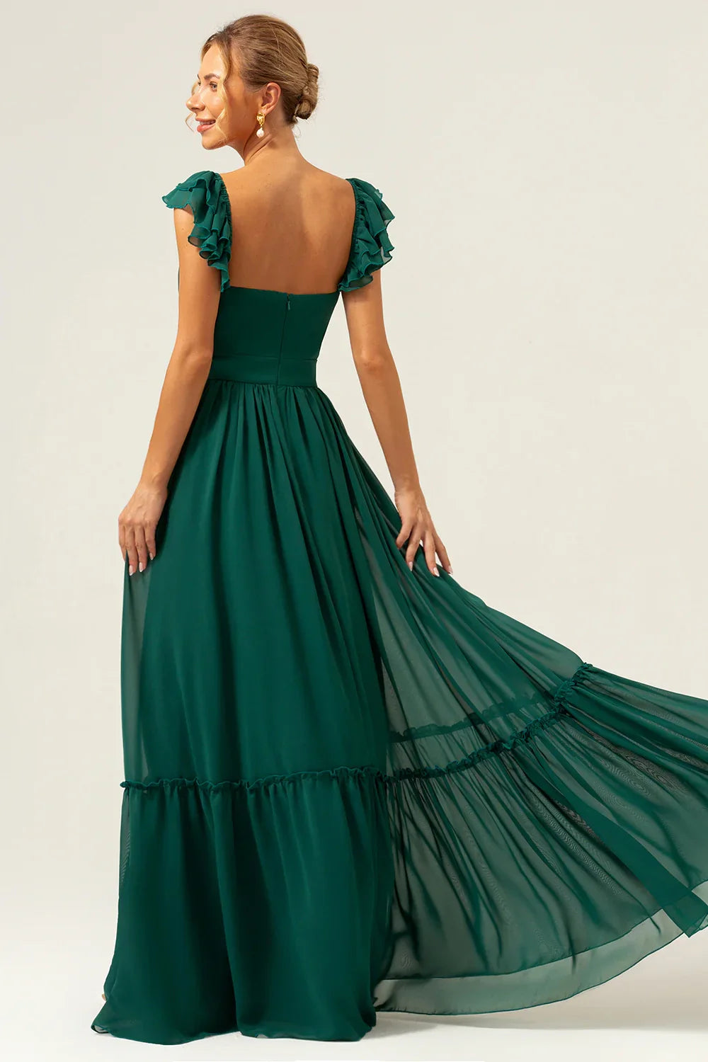 OKBBN's charming A-line off shoulder chiffon pleated long Bridesmaid Dresses