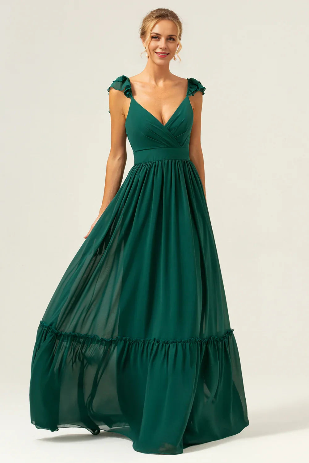 OKBBN's charming A-line off shoulder chiffon pleated long Bridesmaid Dresses