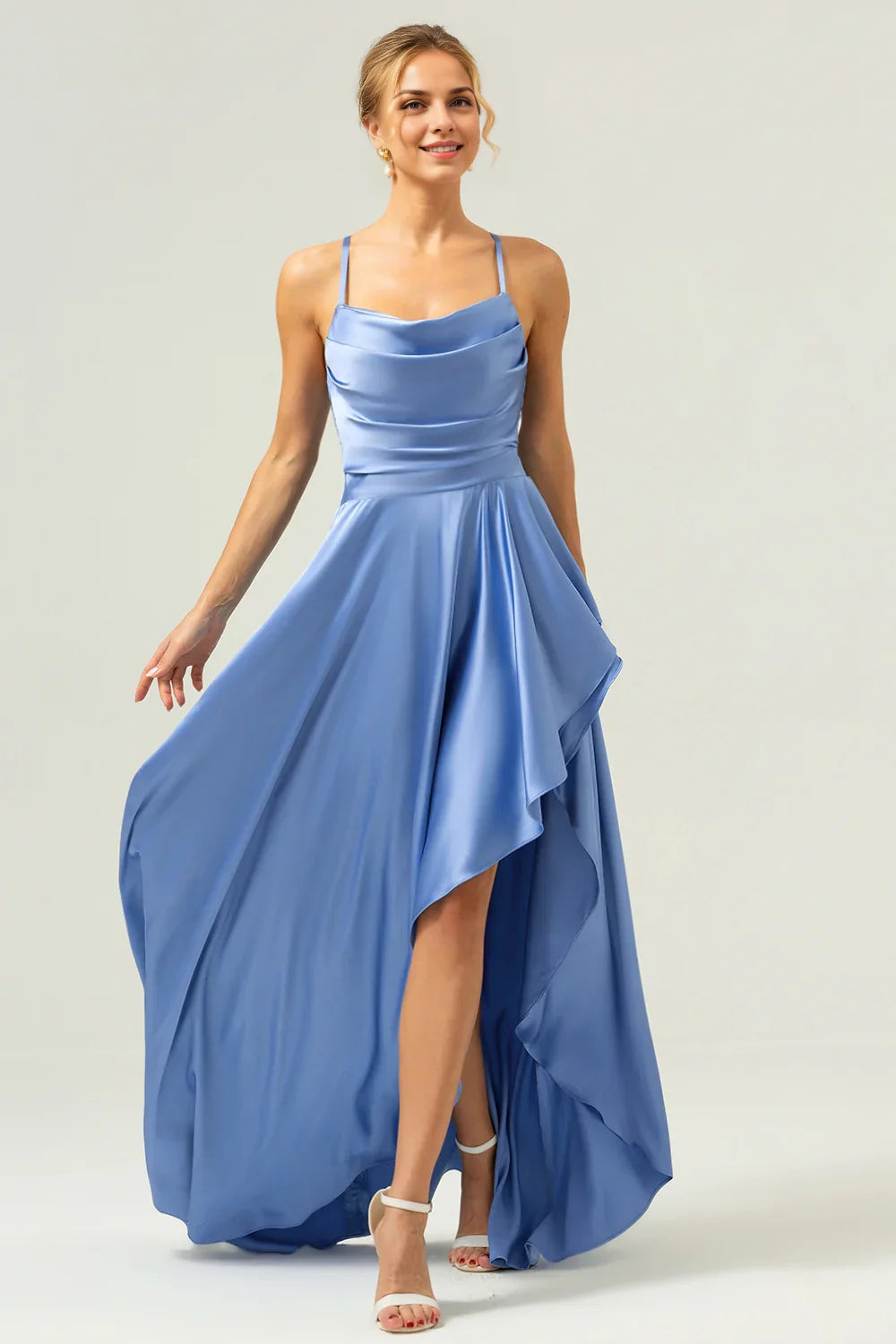 OKBBN's charming A-line satin asymmetrical ruffled Bridesmaid Dresses