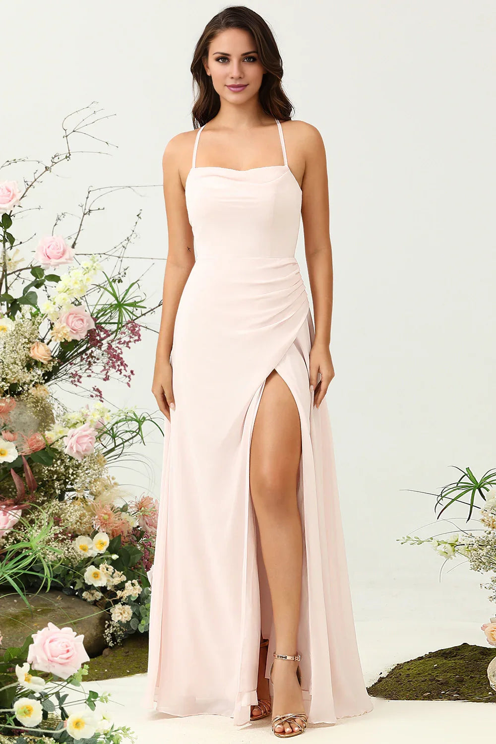 OKBBN's charming A-line slim shoulder strap chiffon slit Bridesmaid Dresses