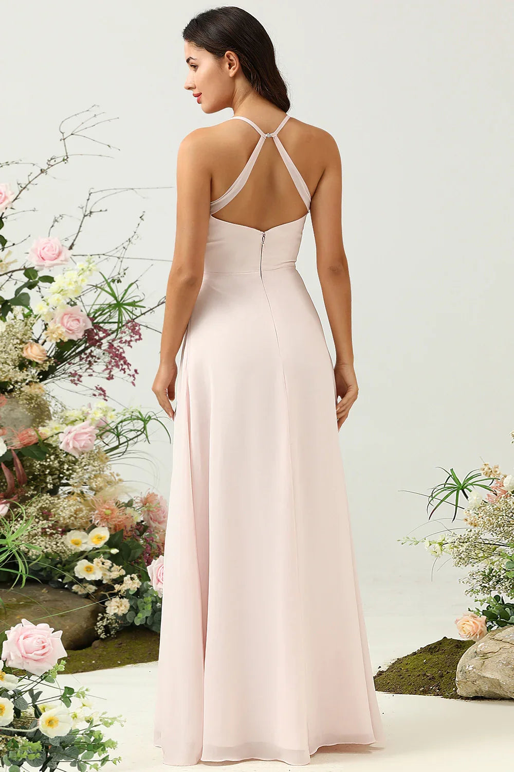 OKBBN's charming A-line slim shoulder strap chiffon slit Bridesmaid Dresses