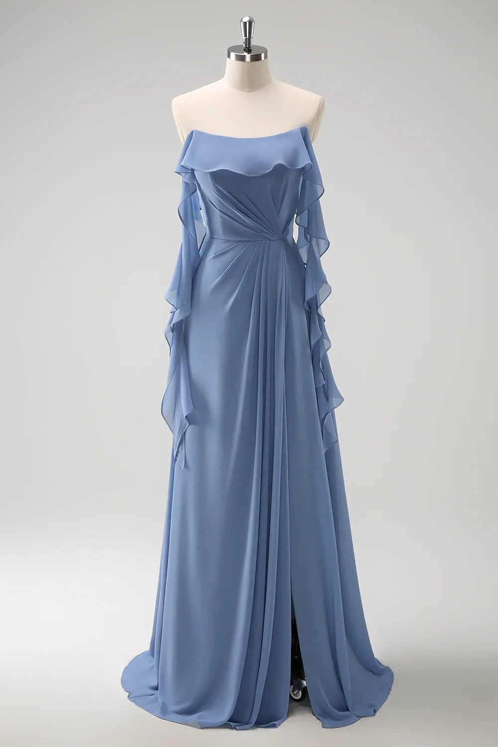 OKBBN's charming A-line slim shoulder strap pleated chiffon long slit Bridesmaid Dresses