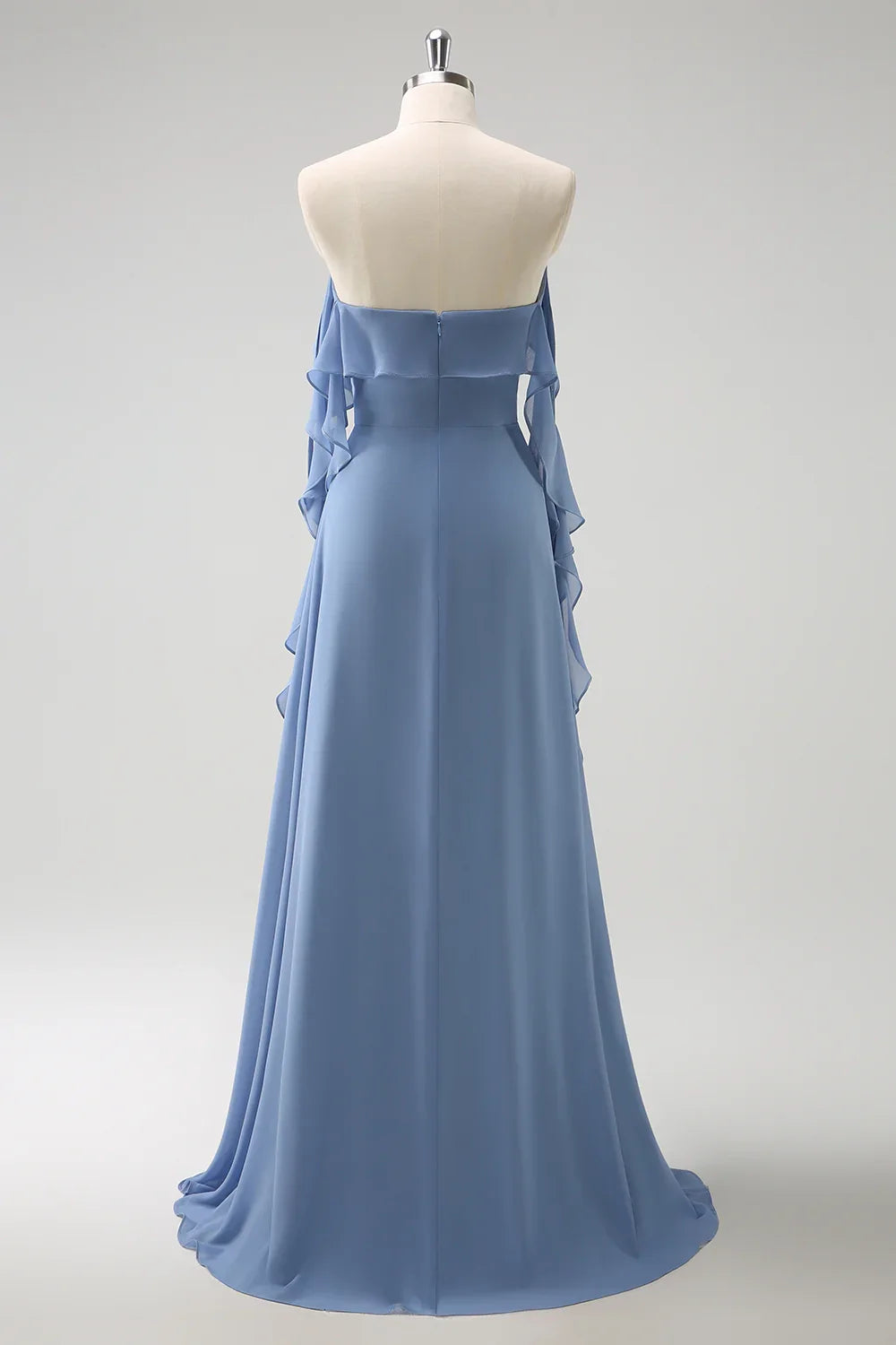 OKBBN's charming A-line slim shoulder strap pleated chiffon long slit Bridesmaid Dresses