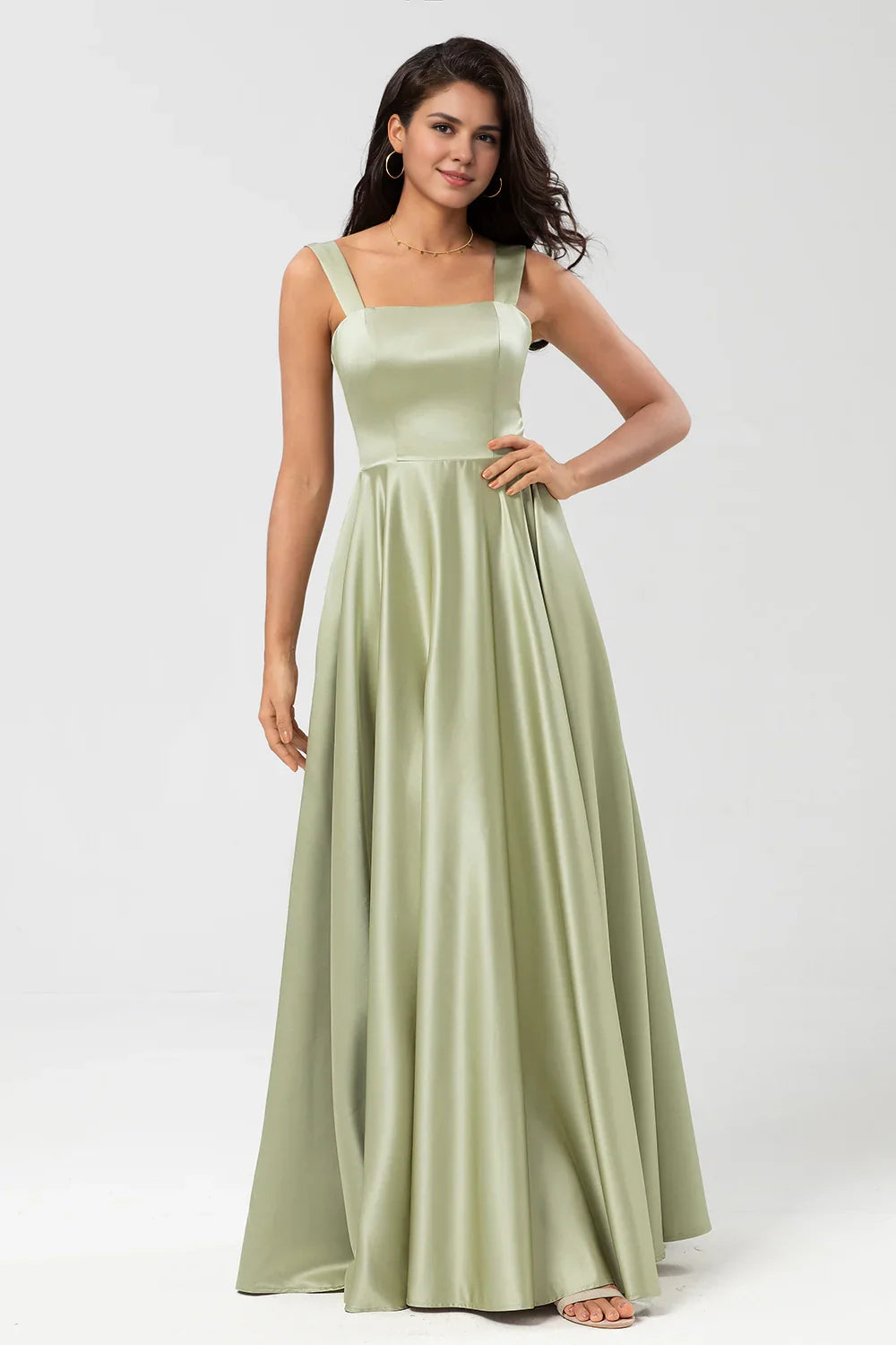 OKBBN's charming A-line square collar and floor satin Bridesmaid Dresses