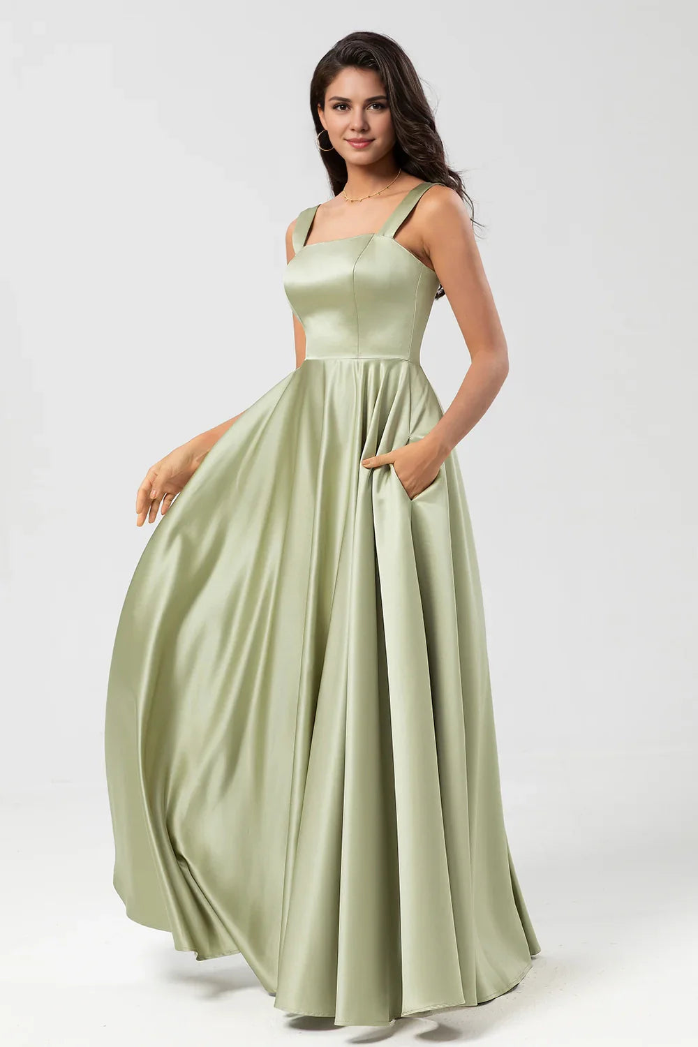 OKBBN's charming A-line square collar and floor satin Bridesmaid Dresses