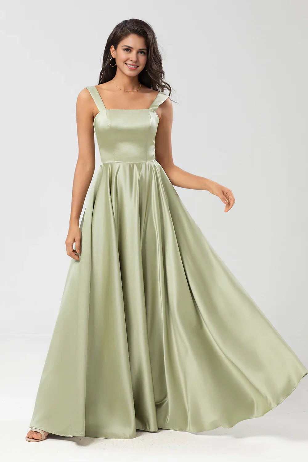 OKBBN's charming A-line square collar and floor satin Bridesmaid Dresses