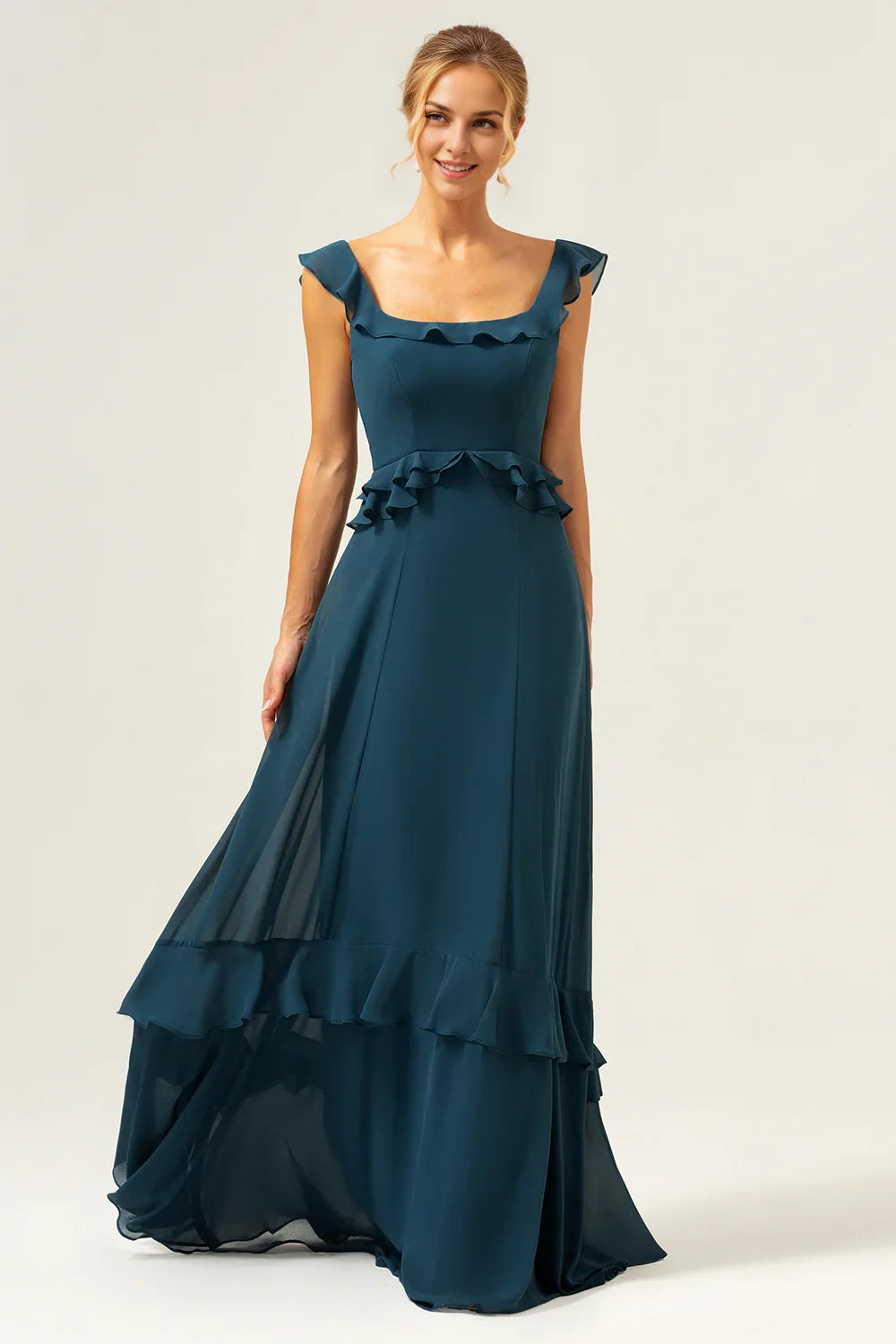 OKBBN's charming A-line square collar layered chiffon long Bridesmaid Dresses