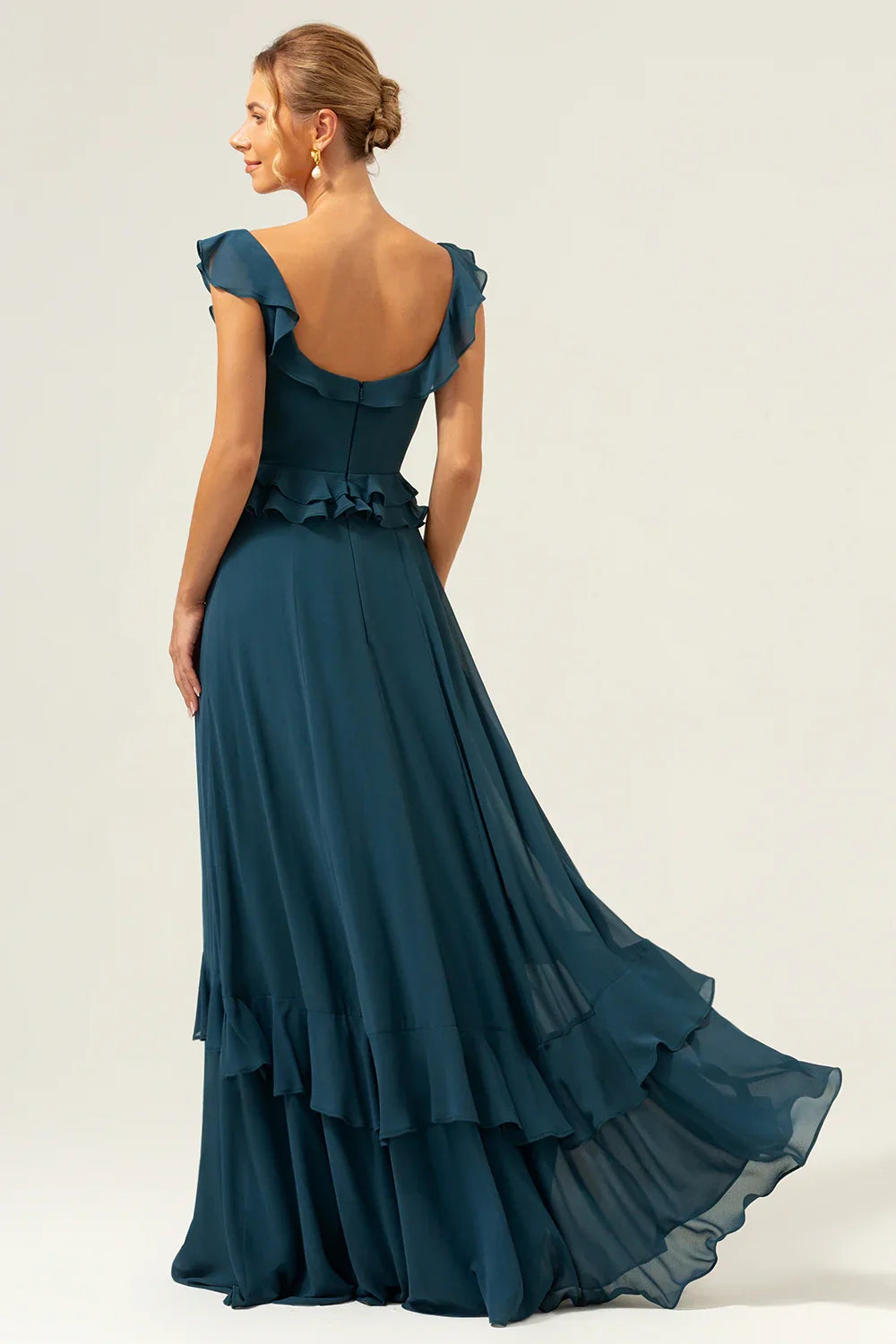 OKBBN's charming A-line square collar layered chiffon long Bridesmaid Dresses