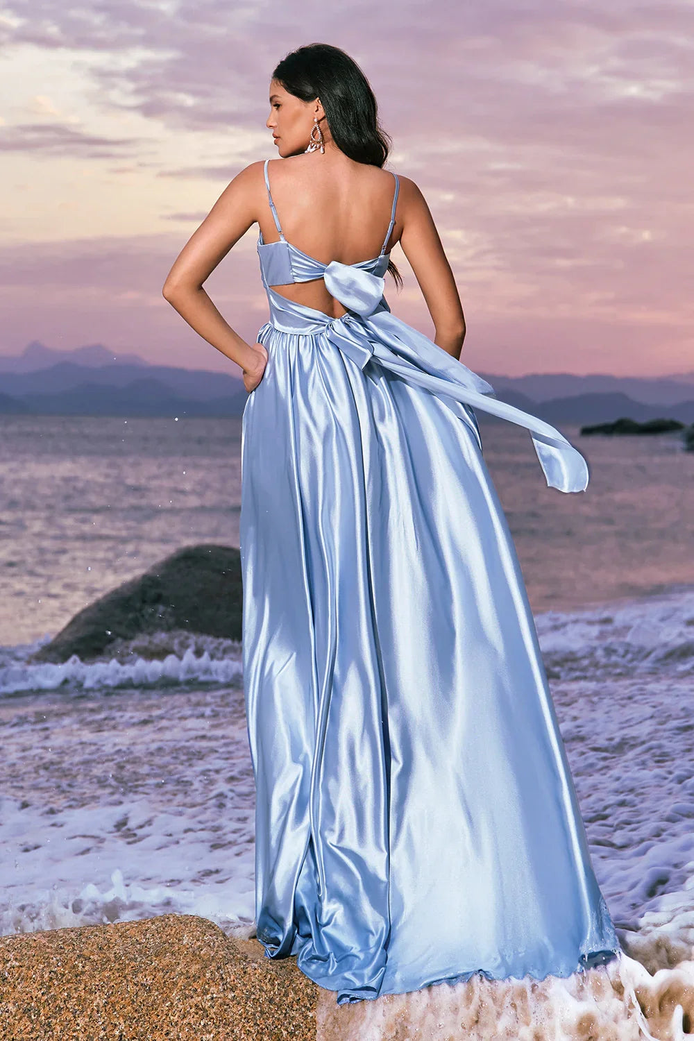 OKBBN's charming A-line thin shoulder strap pleats and floor split Bridesmaid Dresses