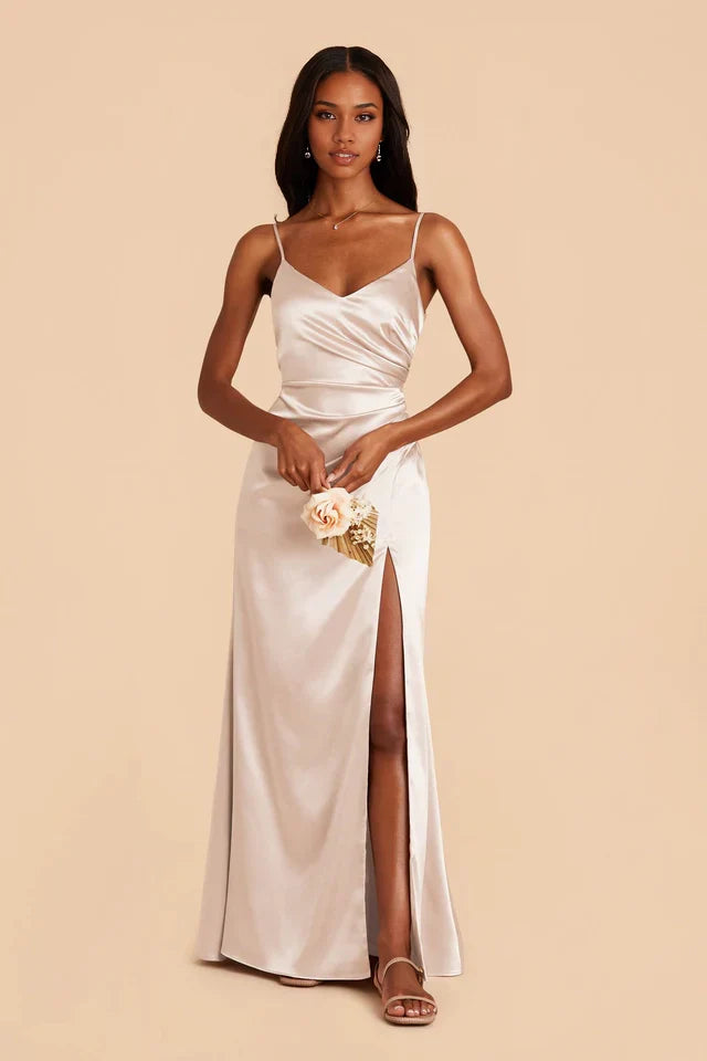 OKBBN's charming asymmetrical pleated V-neck satin full lining mermaid overlapping slit Prom Dresses
