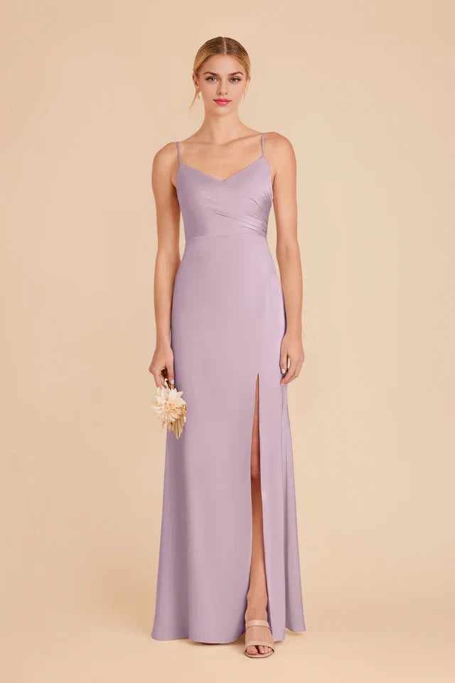 OKBBN's charming asymmetrical pleated V-neck satin full lining mermaid overlapping slit Prom Dresses