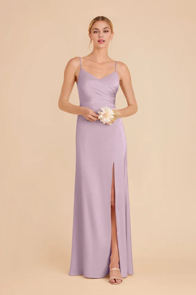 OKBBN's charming asymmetrical pleated V-neck satin full lining mermaid overlapping slit Prom Dresses