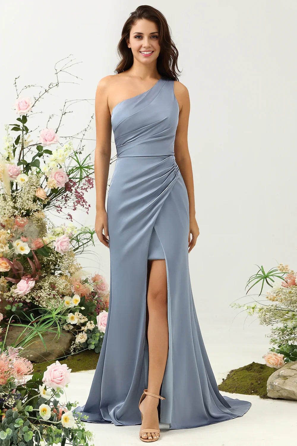 OKBBN's charming mermaid single shoulder pleated satin Bridesmaid Dresses