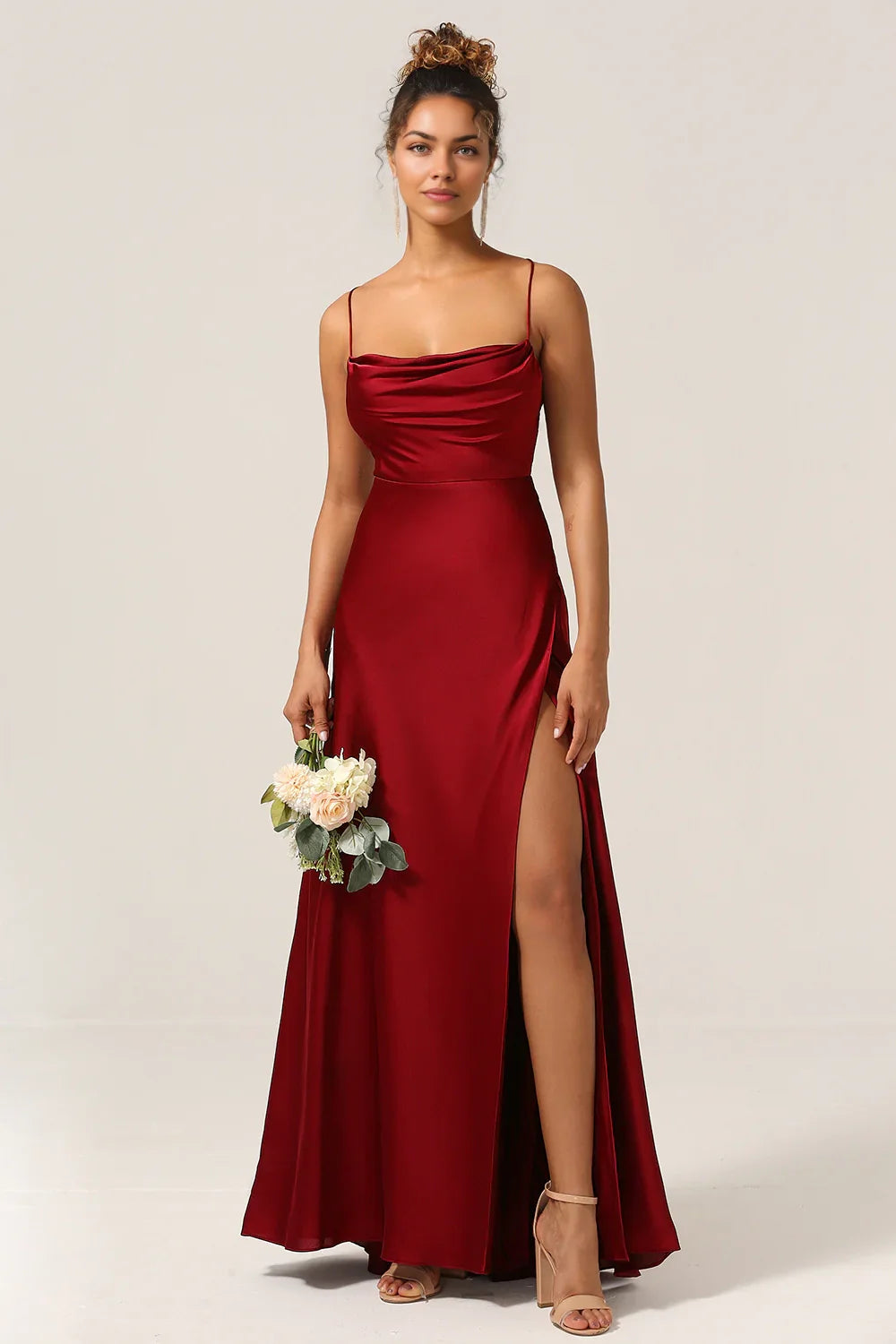 OKBBN's charming sleeveless A-line thin shoulder straps and floor satin Bridesmaid Dresses