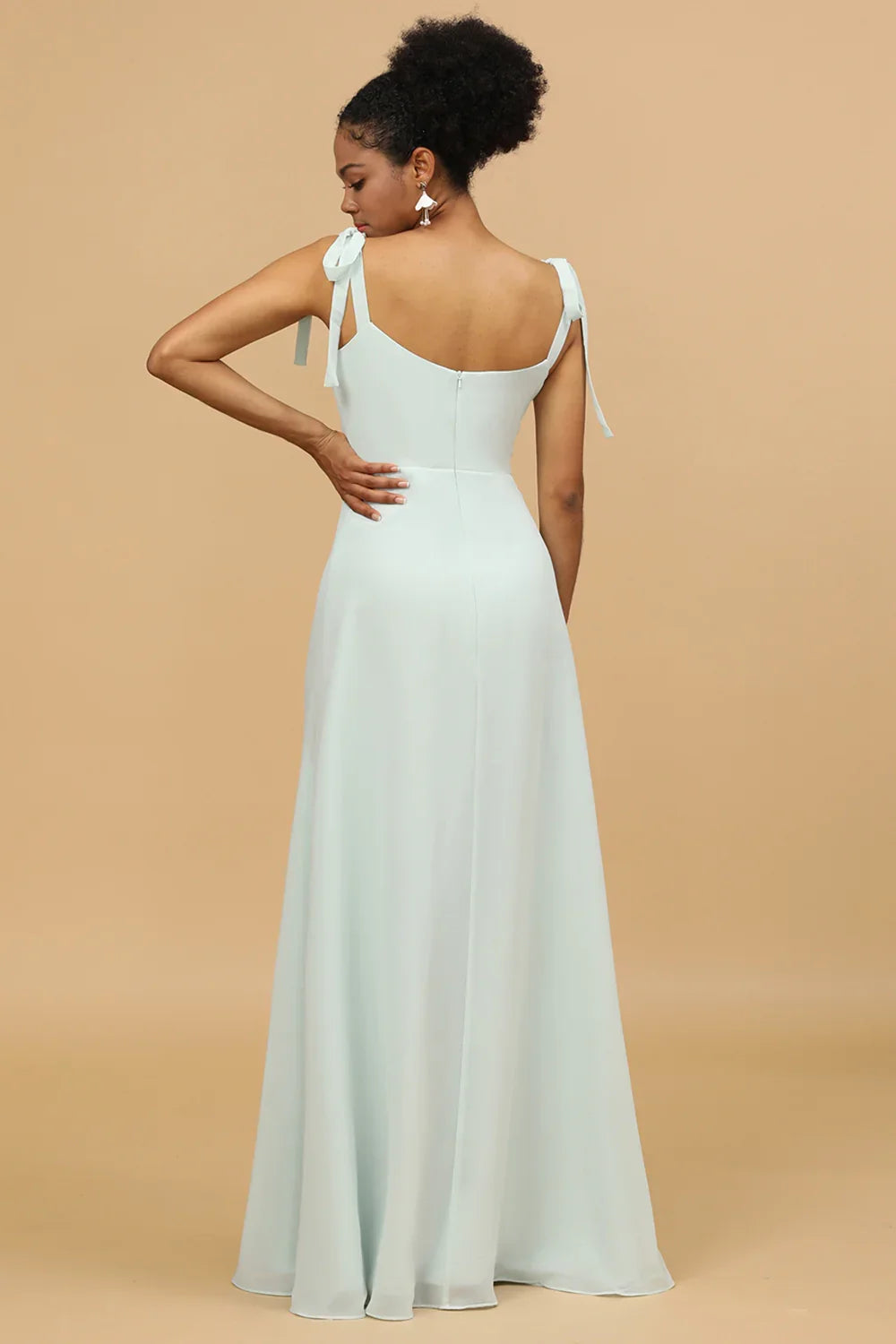 OKBBN's charming thin shoulder strap long chiffon slit Bridesmaid Dresses