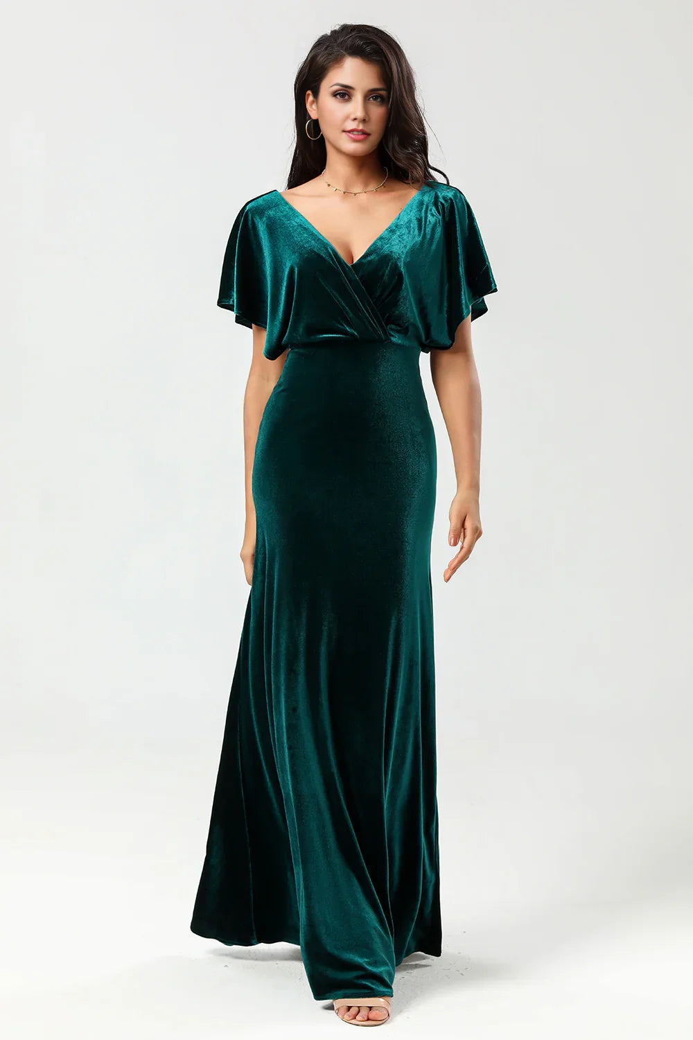 OKBBN's charming velvet V-neck long pleated Bridesmaid Dresses