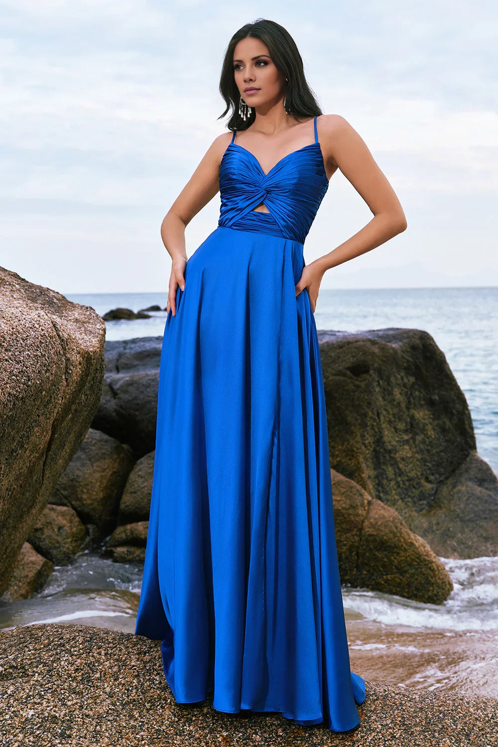 OKBBN's classic and fashionable A-line keyhole satin pleated long slit Bridesmaid Dresses
