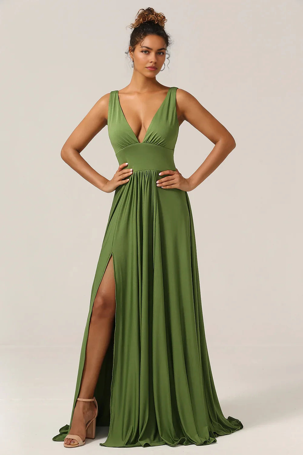 OKBBN's elegant A-line deep V-neck spandex and floor slit Bridesmaid Dresses