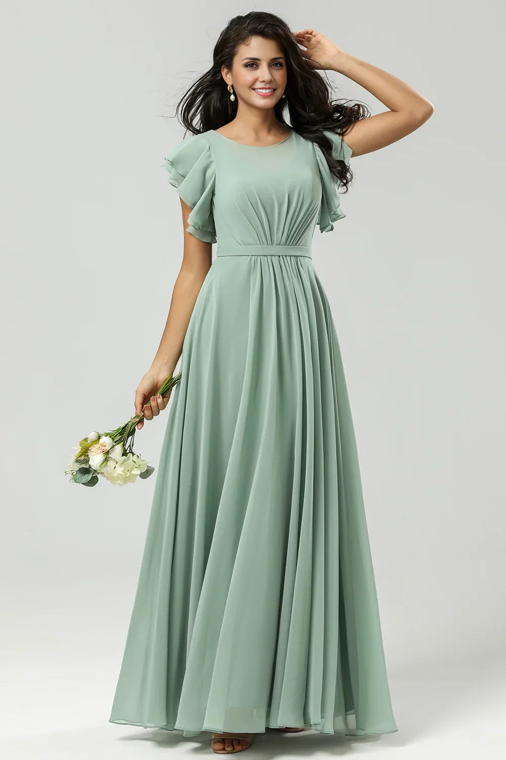 OKBBN's elegant A-line round neck pleated decoration and ground chiffon Bridesmaid Dresses