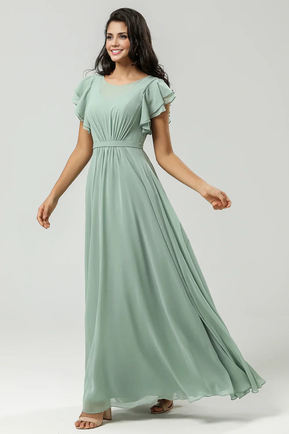 OKBBN's elegant A-line round neck pleated decoration and ground chiffon Bridesmaid Dresses